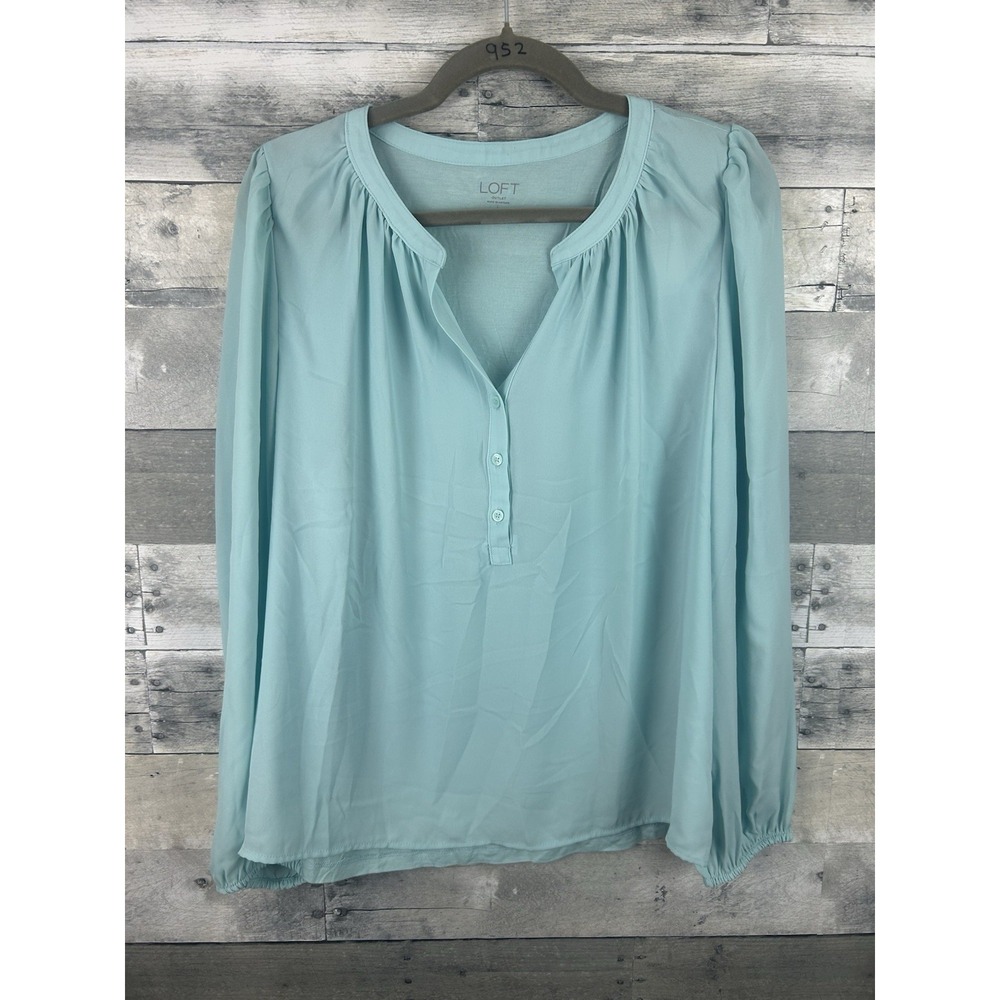 Loft Women's Blue Large Long Sleeve 1/2 Button Up V Neck Blouse